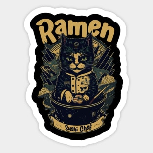 Retro Japanese-Inspired Feline Culinary Cat as Ramen Sushi Chef Sticker